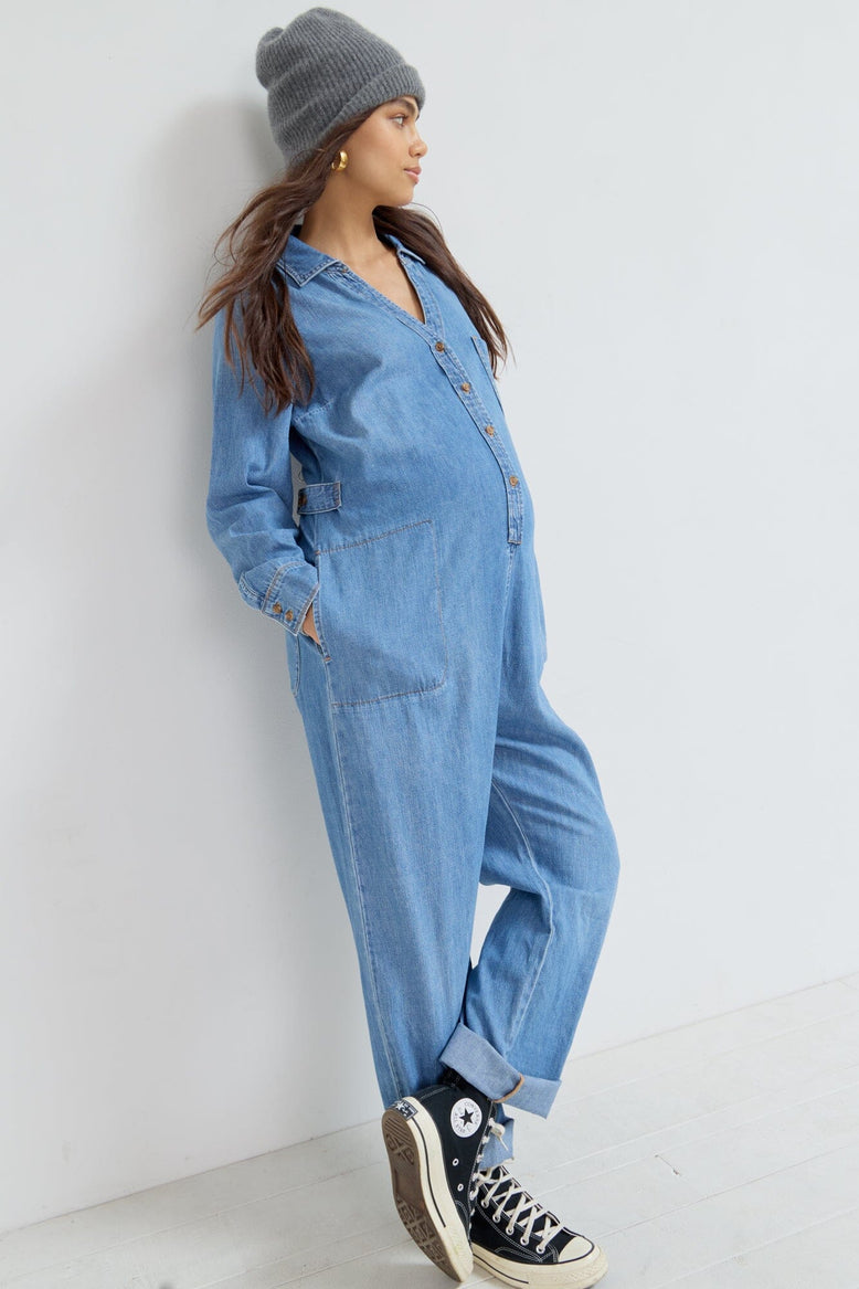 Denim jumpsuit maternity online